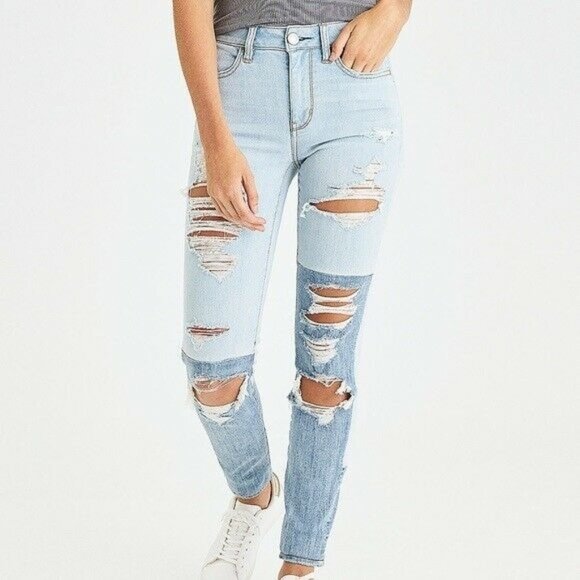 AE - Hi Rise Distressed Jeggings Two Tone Denim - Picture 1 of 10